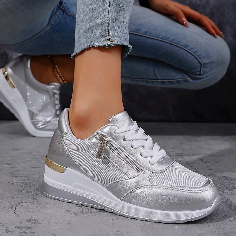 Women's Wedge Platform Lace-Up Leather Trainers - Silver