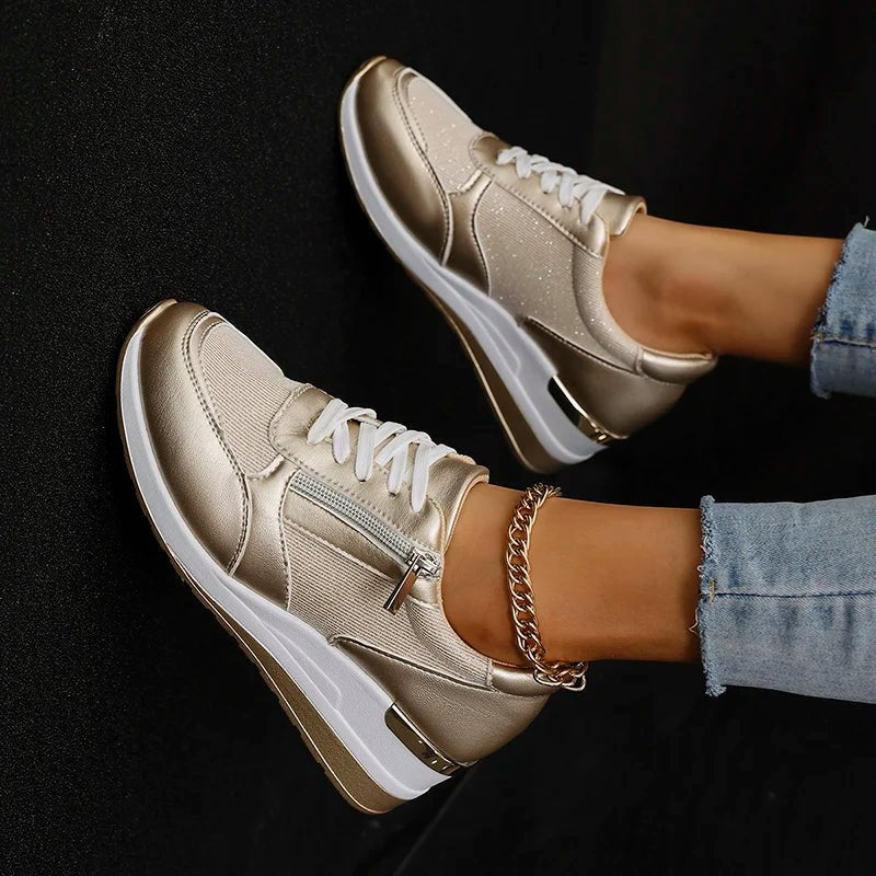 Women's Wedge Platform Lace-Up Leather Trainers