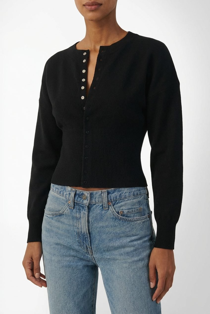 Women's Cropped Ribbed Cardigan - Black