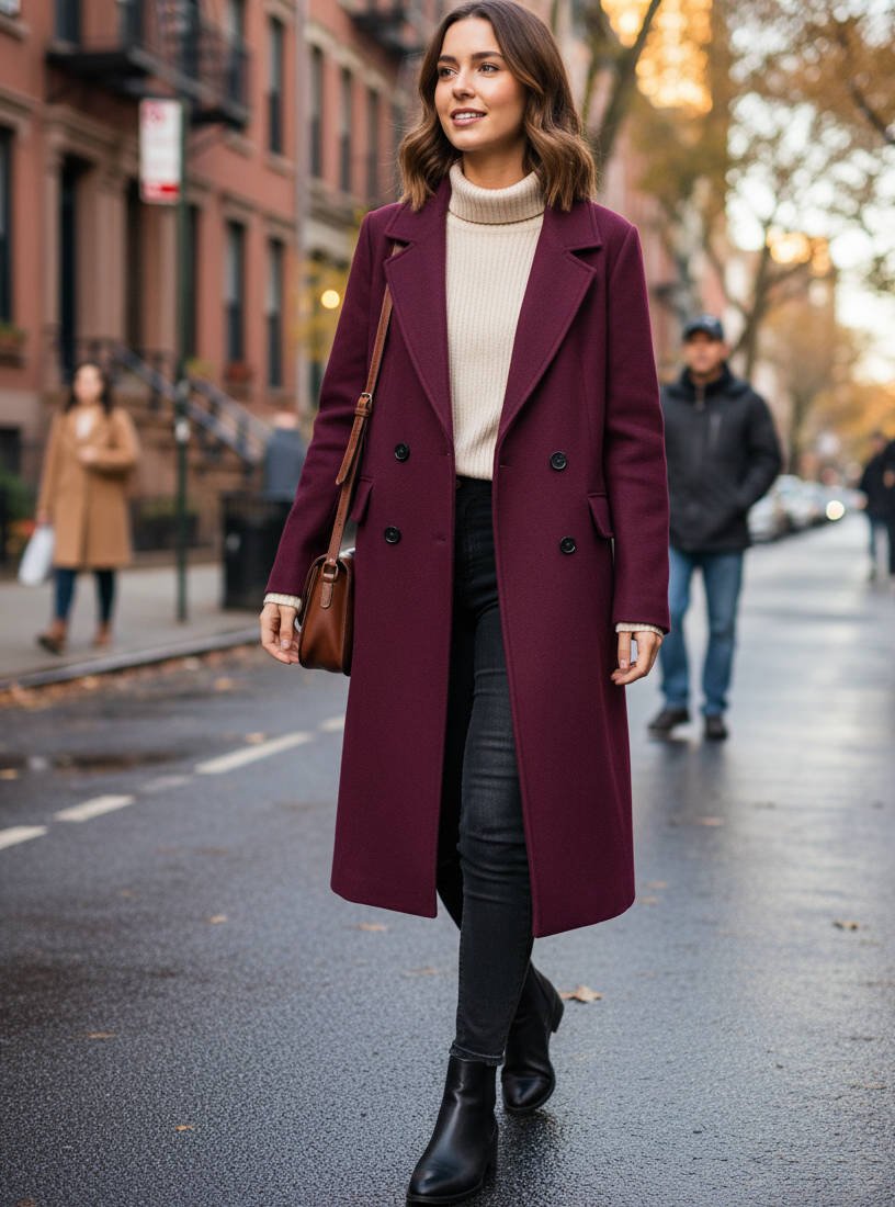 Women's Wool Longline Coat - Wine Red