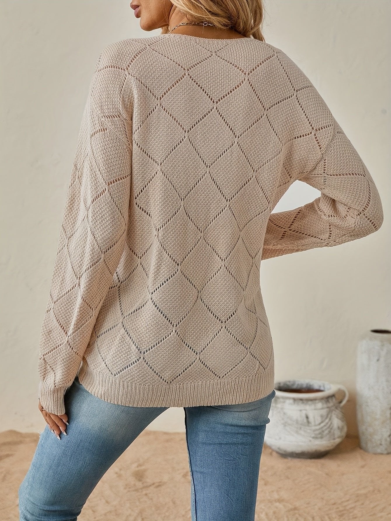 Women's Diamond Crochet V-Neck Jumper