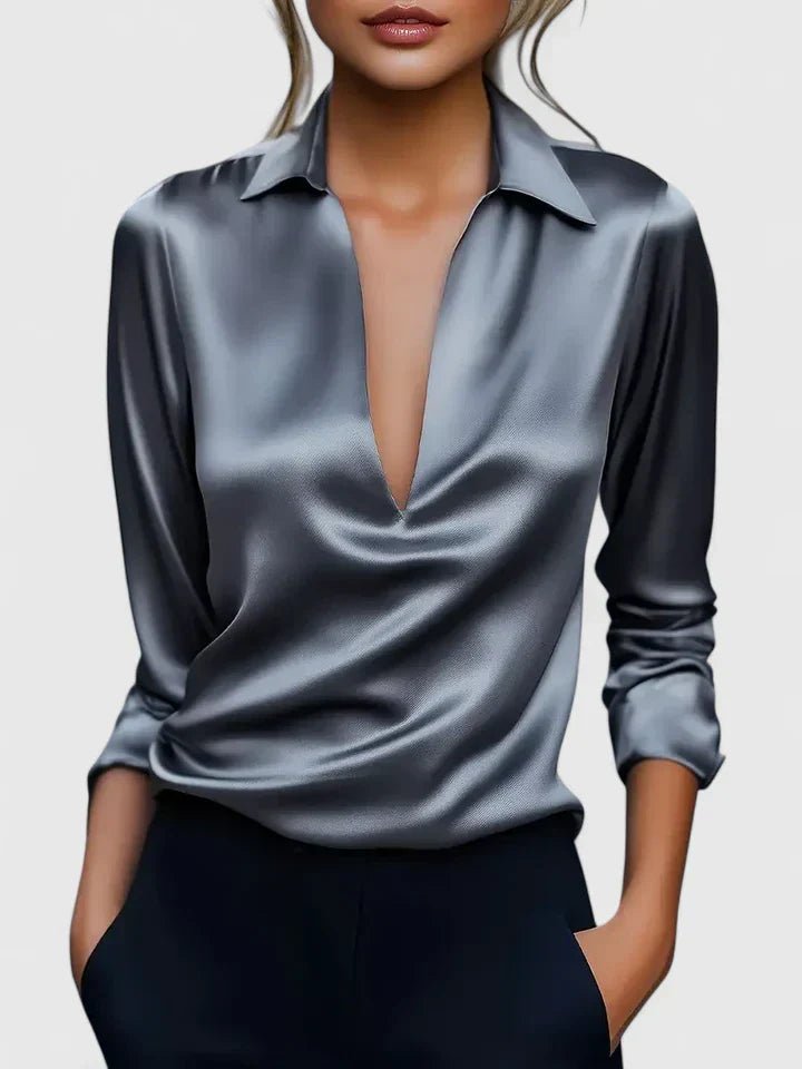 Women's V-Neck Satin Long Sleeve Blouse - Gray