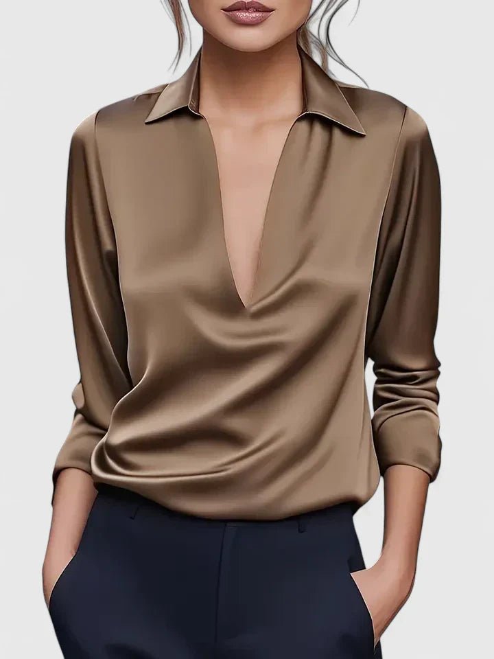 Women's V-Neck Satin Long Sleeve Blouse