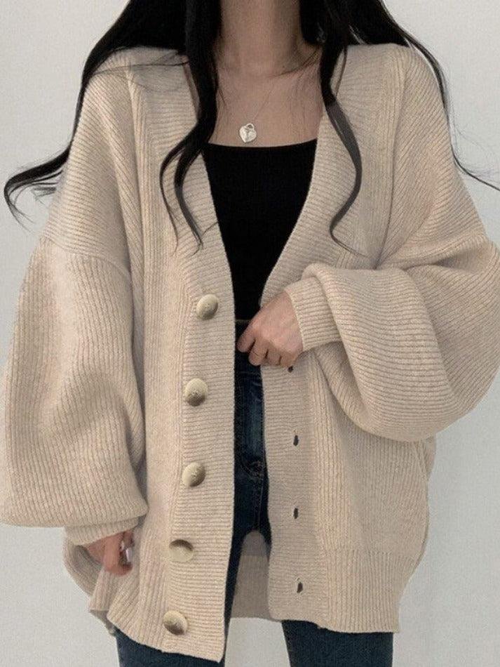 Women's Oversized Knit Ribbed V-Neck Cardigan - Beige