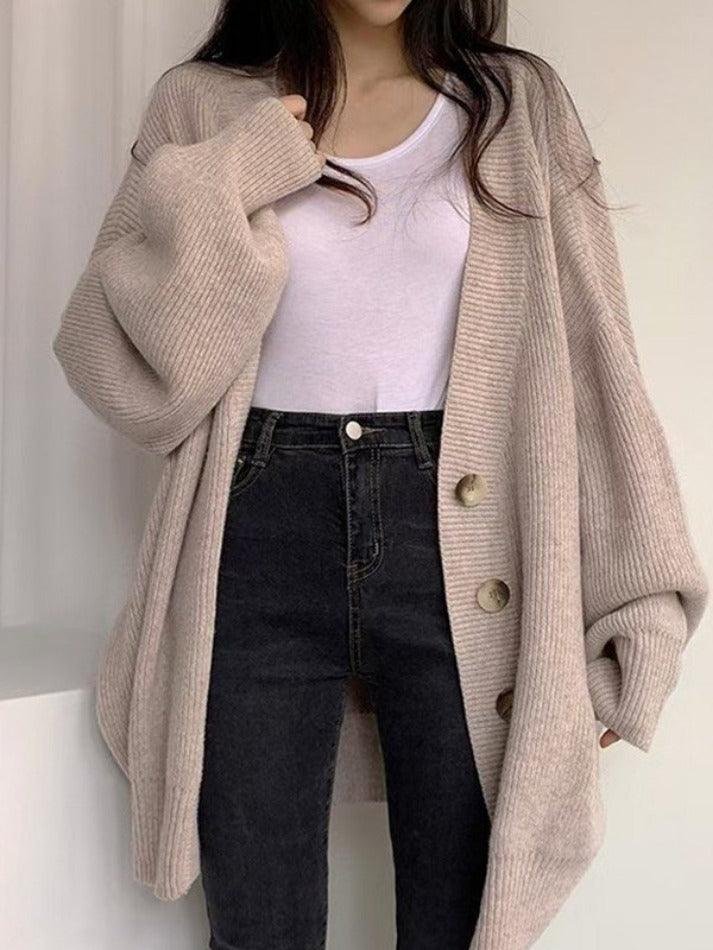 Women's Oversized Knit Ribbed V-Neck Cardigan