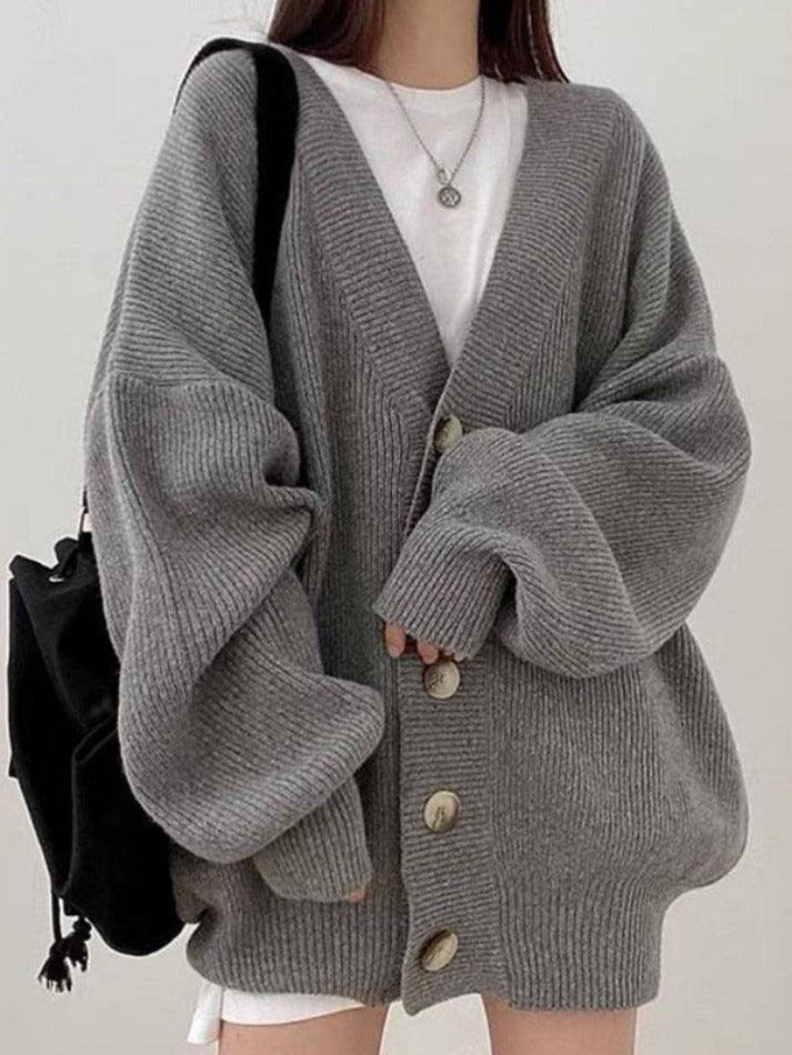 Women's Oversized Knit Ribbed V-Neck Cardigan - Gray