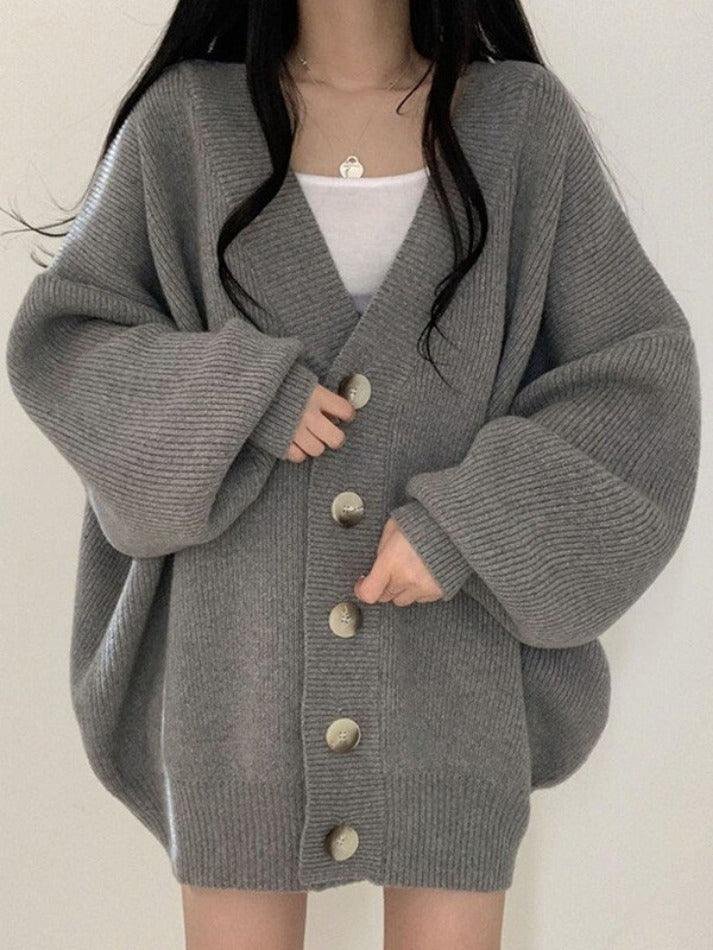 Women's Oversized Knit Ribbed V-Neck Cardigan