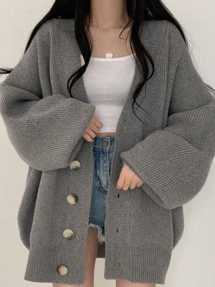 Women's Oversized Knit Ribbed V-Neck Cardigan