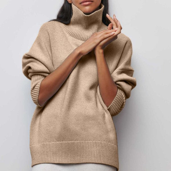 Women's Chunky Oversized Wool Roll Neck Jumper - Beige